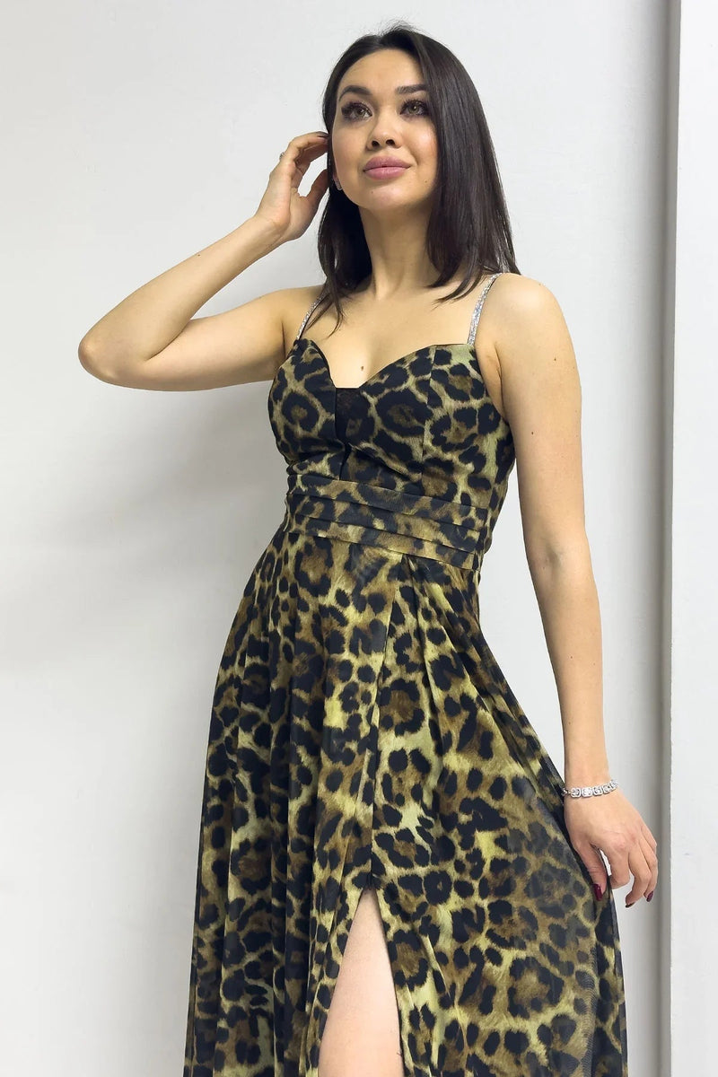 Women's Leopar Taş Strap Ayarlanabilir Slit Plus Size Evening Gown
