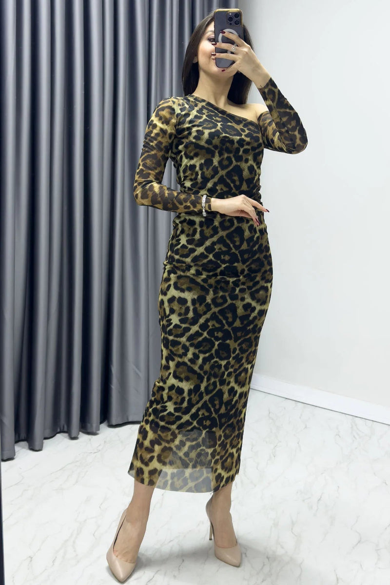 Women's Tek Omuz Leopard Printli Stretch Tulle Dress
