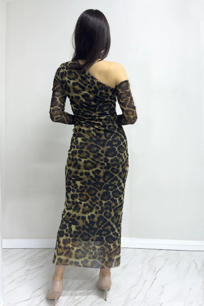 Women's Tek Omuz Leopard Printli Stretch Tulle Dress
