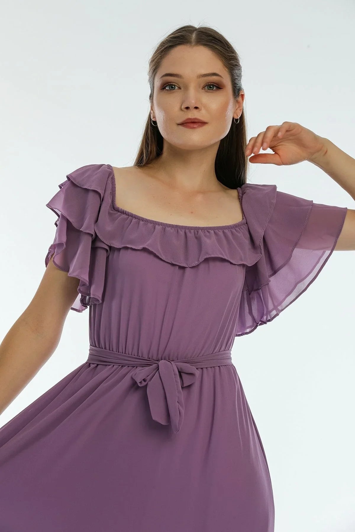 Women's Lilac Ruffled Madonna Collar Plus Size Chiffon Dress