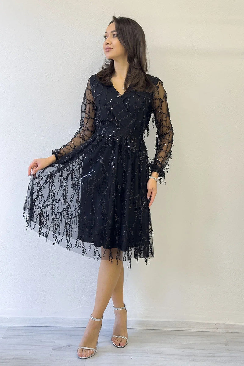 Women's Pulpayet V-Neck Tulle Plus Size Evening Gown-Black