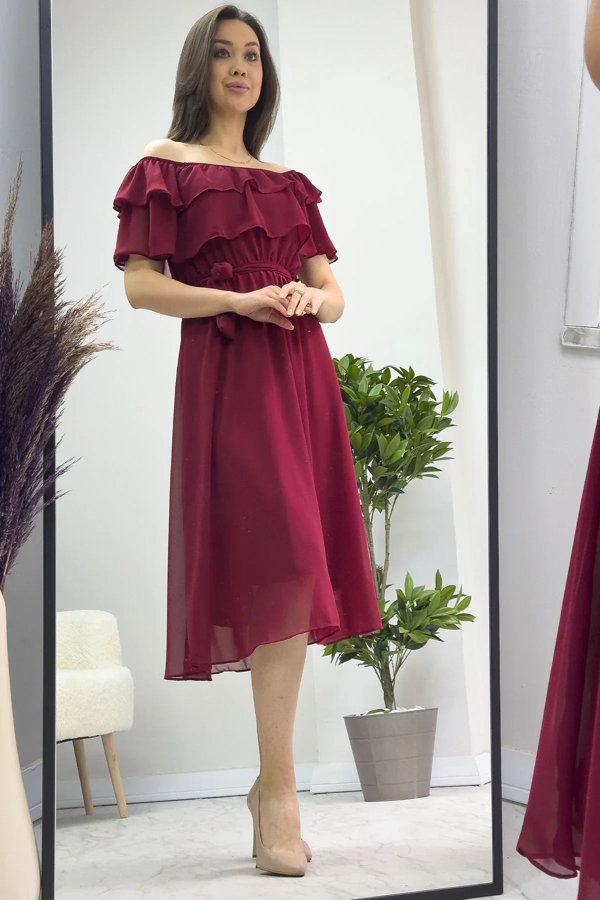 Women's Burgundy Madonna Carmen Ruffle Neck Plus Size Chiffon Dress