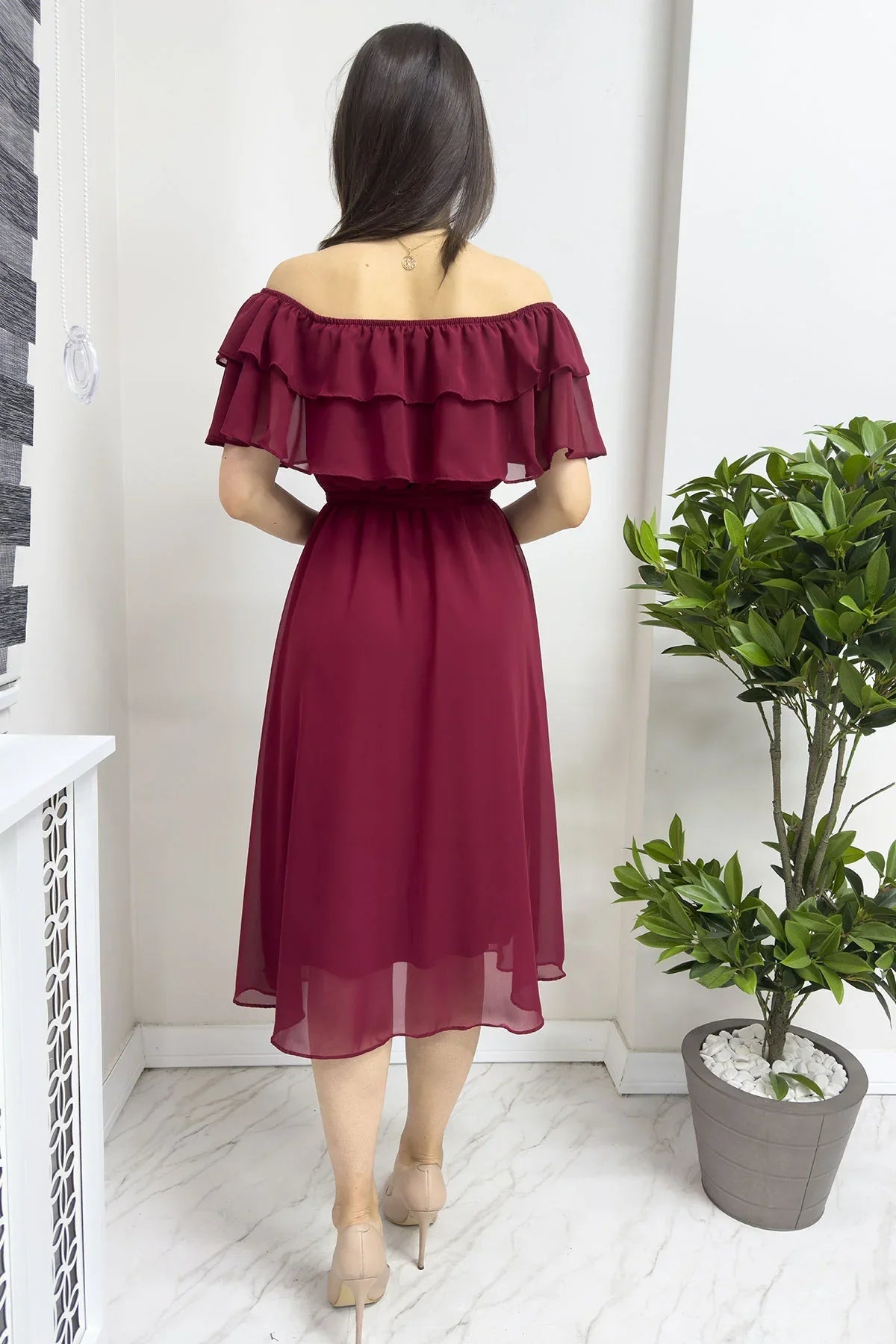 Women's Burgundy Madonna Carmen Ruffle Neck Plus Size Chiffon Dress