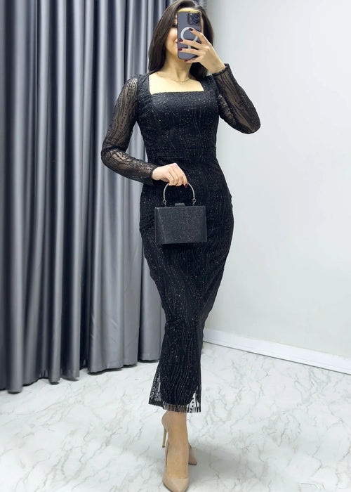 Black Square Neck Glittery Midi-Lenght Evening Dress