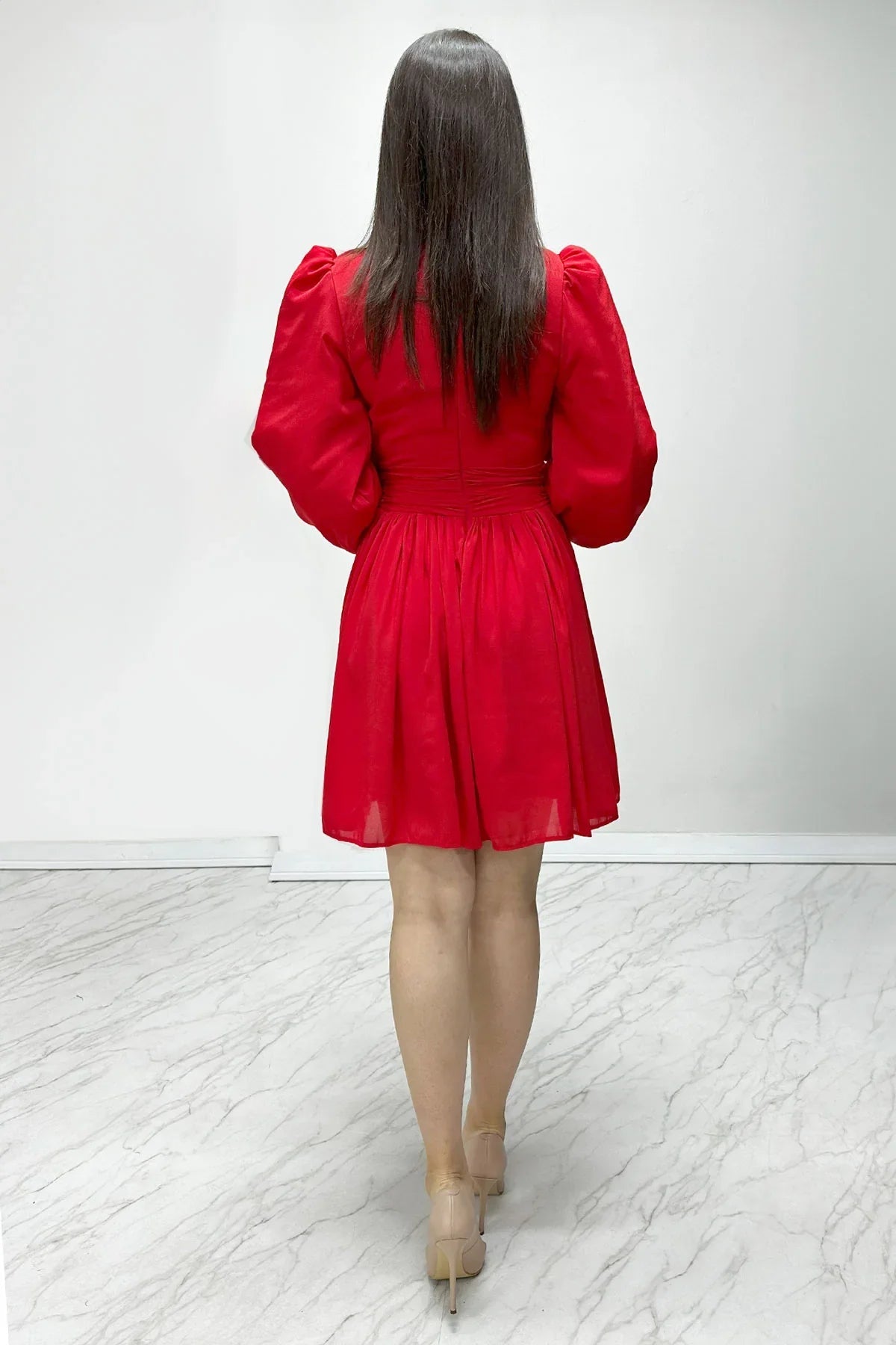 Women's Red Balloon Sleeve Chiffon Dress