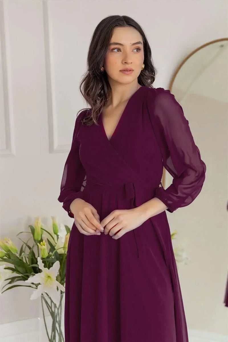 Women's Purple Balloon Sleeve Wrap Midi Chiffon Dress