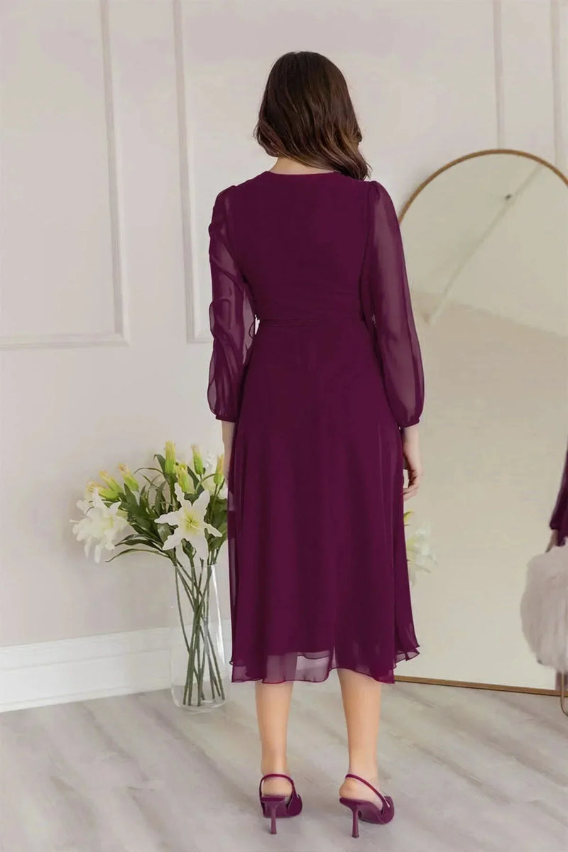 Women's Purple Balloon Sleeve Wrap Midi Chiffon Dress
