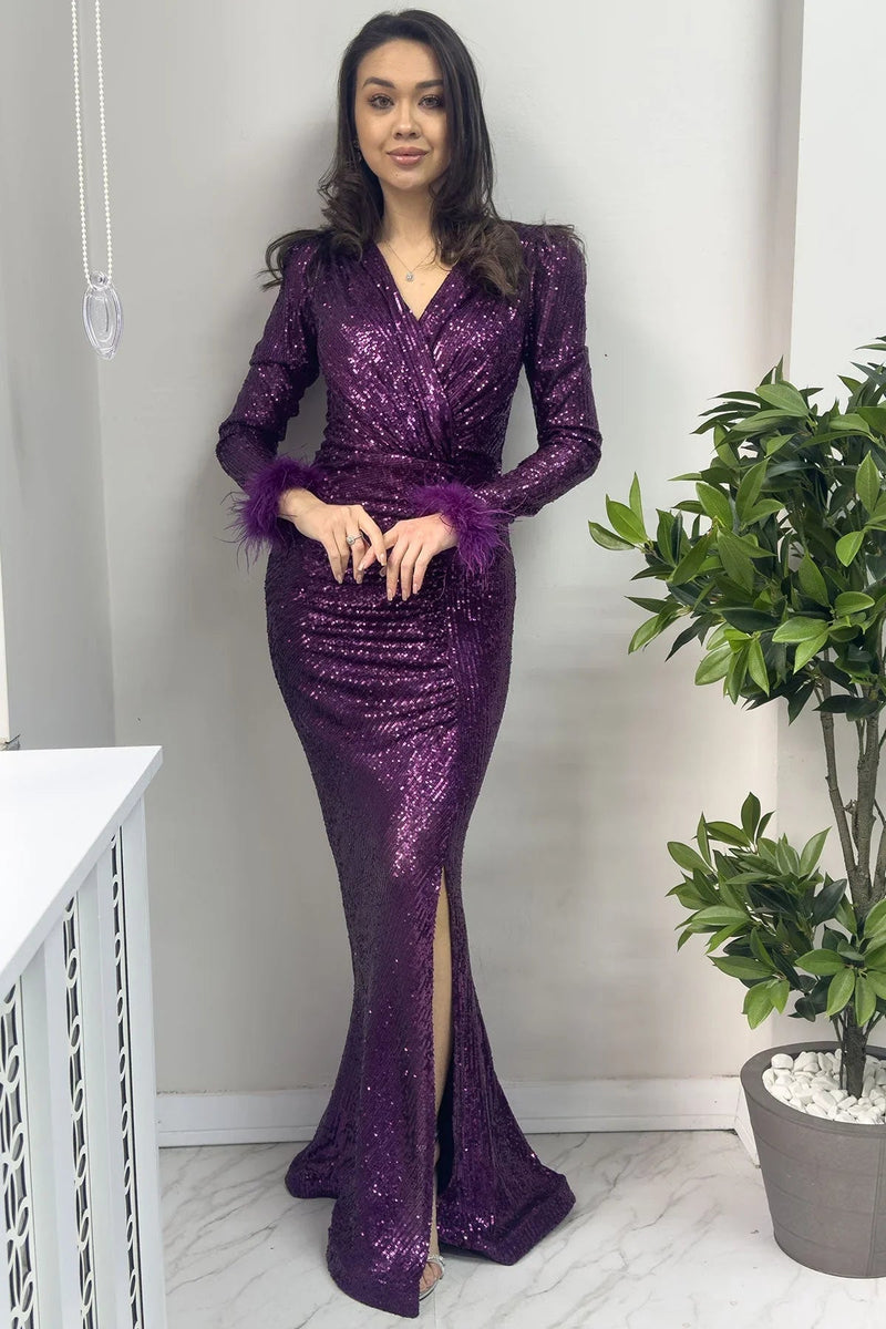 Women's Purple Wrap Neck Otriş Detail Sequin Slit Mermaid Evening Gown - the ZKS