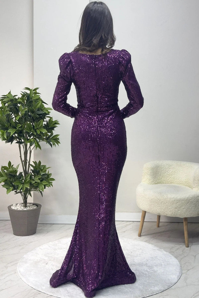 Women's Purple Wrap Neck Otriş Detail Sequin Slit Mermaid Evening Gown - the ZKS