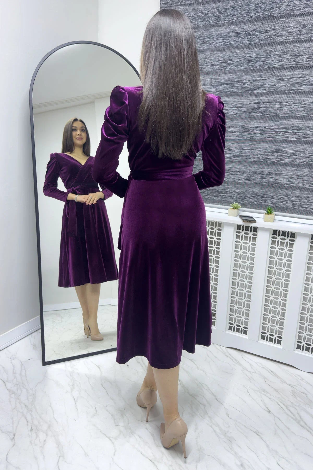 Women's Plum Karpuz Sleeve Wrap Velvet Belted Plus Size Dress