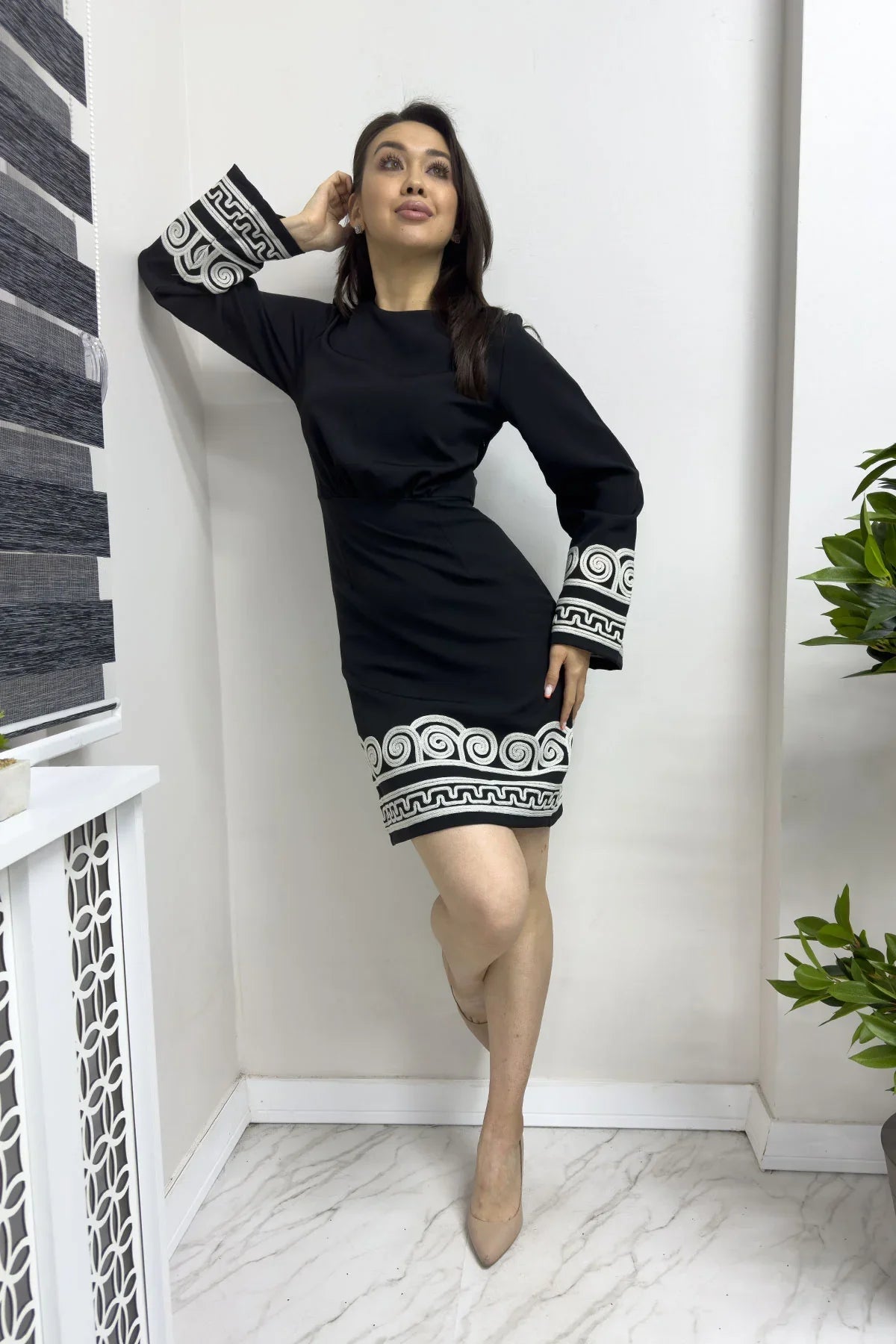 Women's Black Long Sleevelu Nakış Embellished Dress