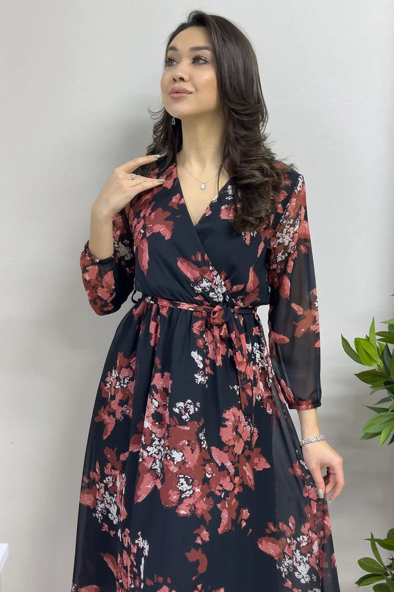 Women's Nar Çiçeği Patterned Balloon Sleeve Wrap Midi Chiffon Dress - the ZKS