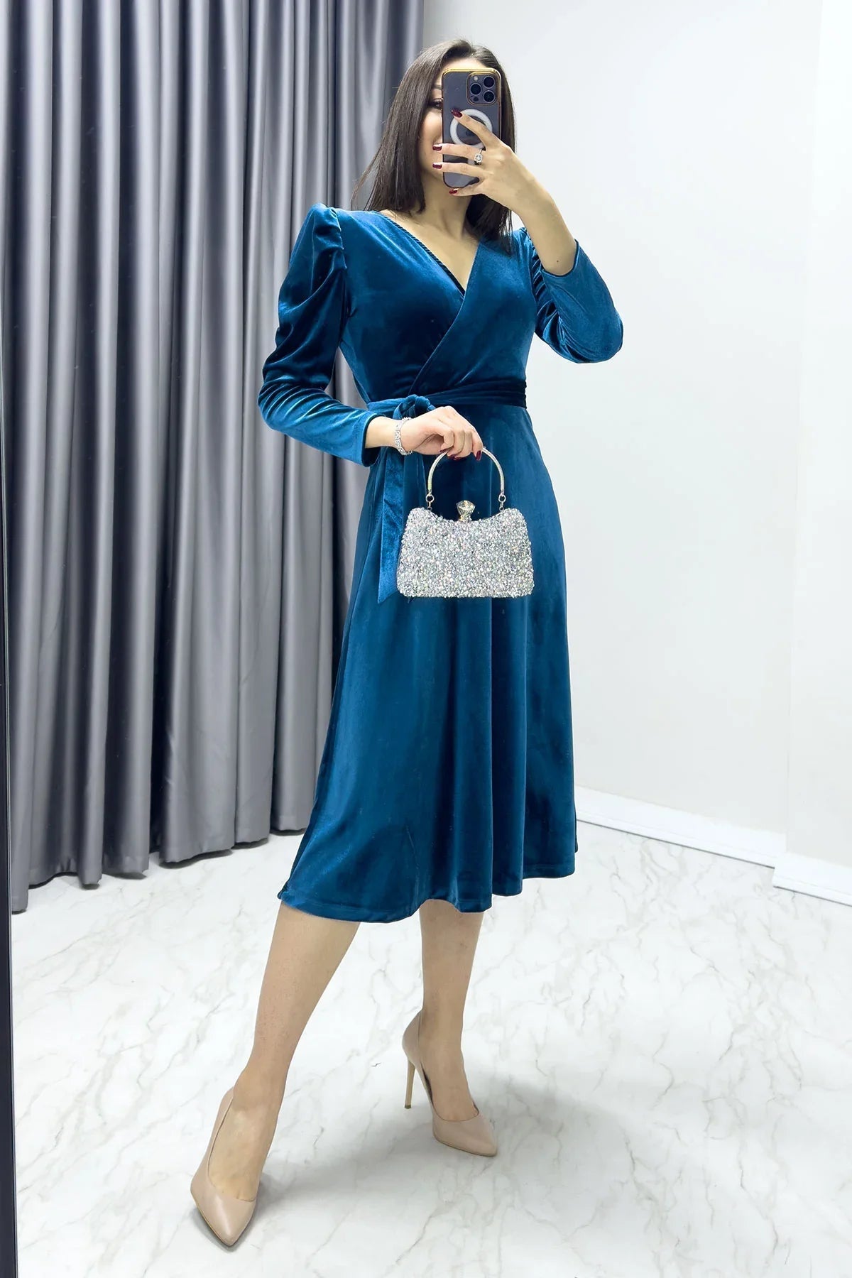 Women's Petrol Blue Karpuz Sleeve Wrap Velvet Belted Plus Size Dress