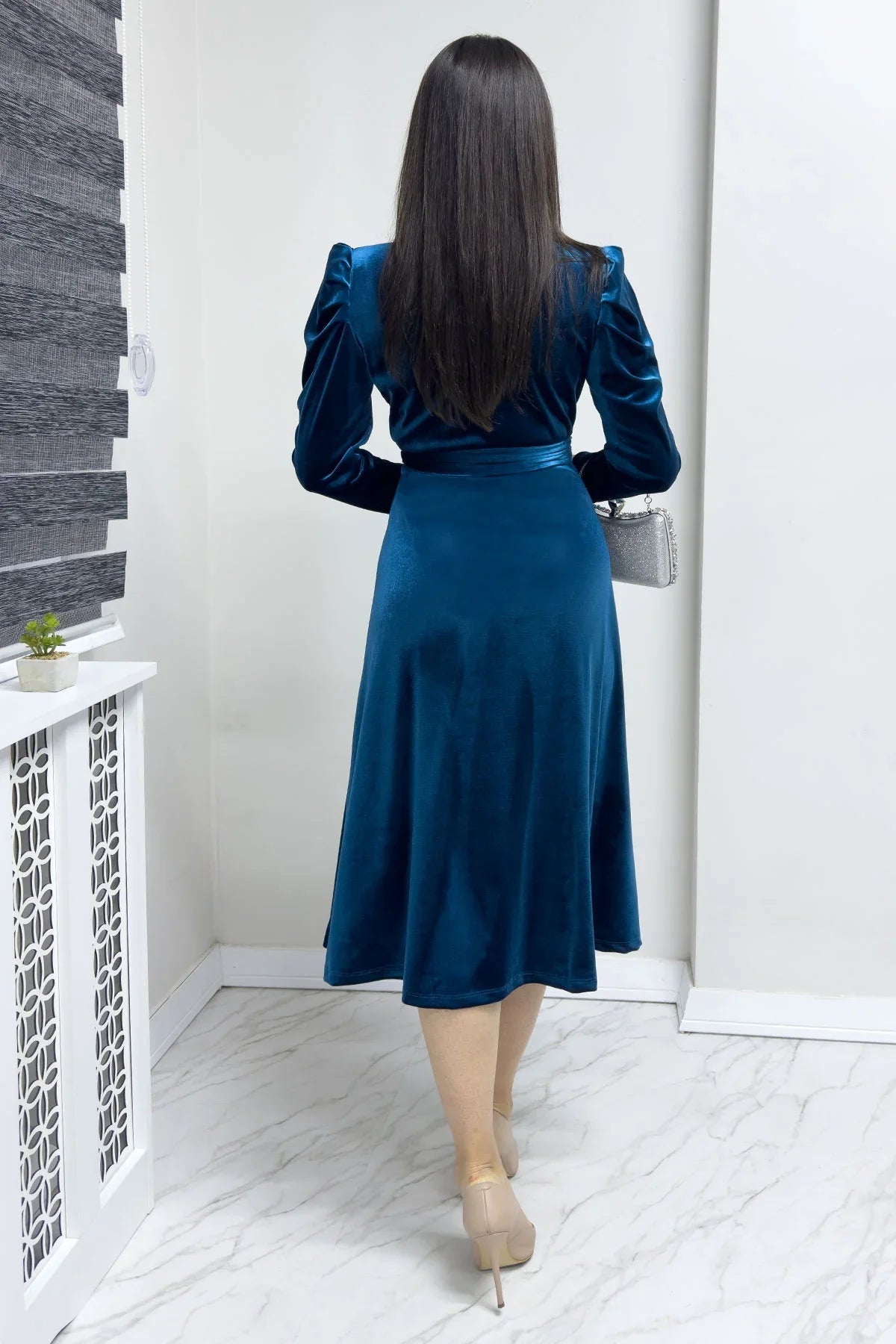 Women's Petrol Blue Karpuz Sleeve Wrap Velvet Belted Plus Size Dress