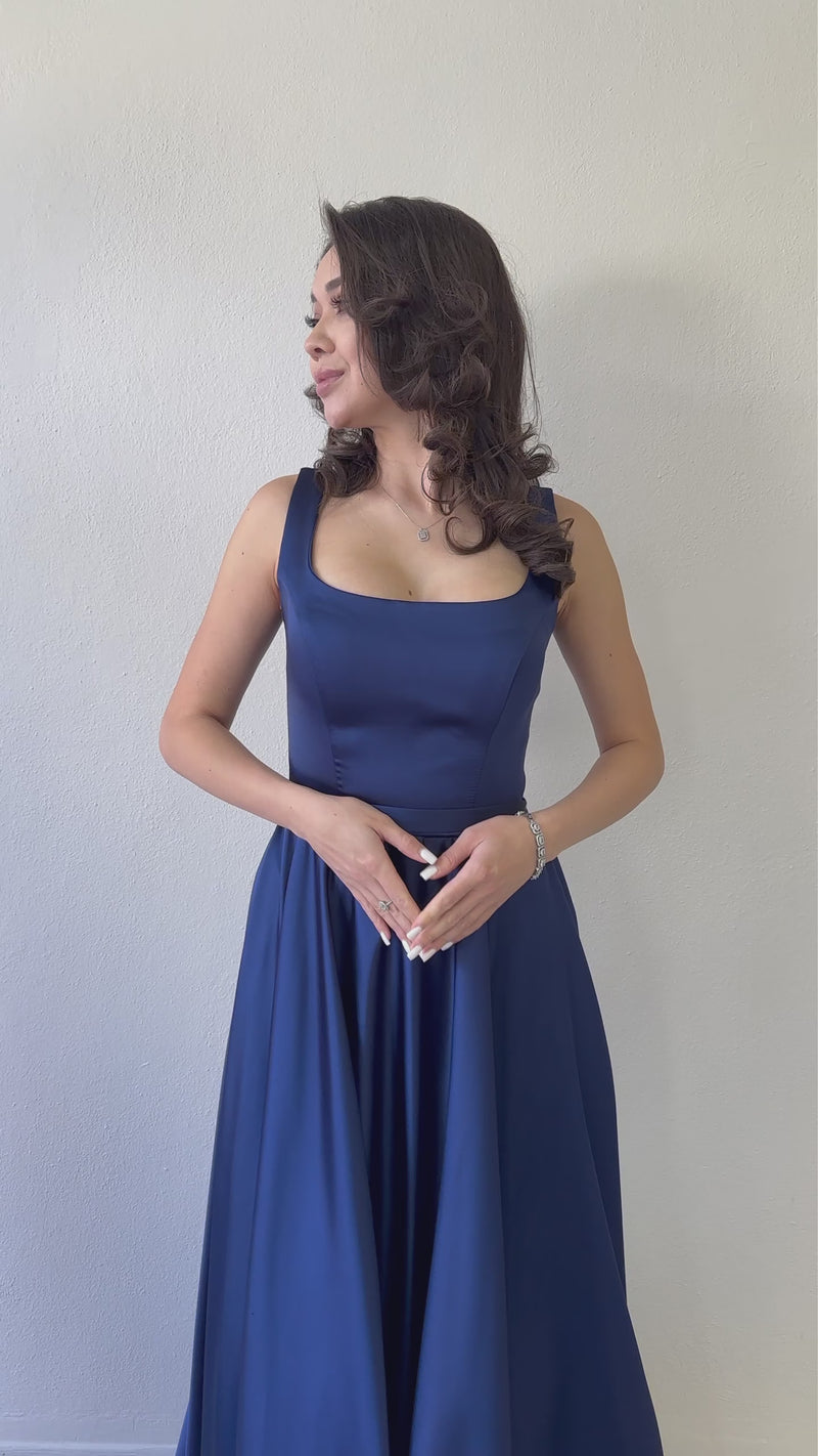 Women's Navy Blue Square Neck Back-Tie Strap Satin Evening Gown