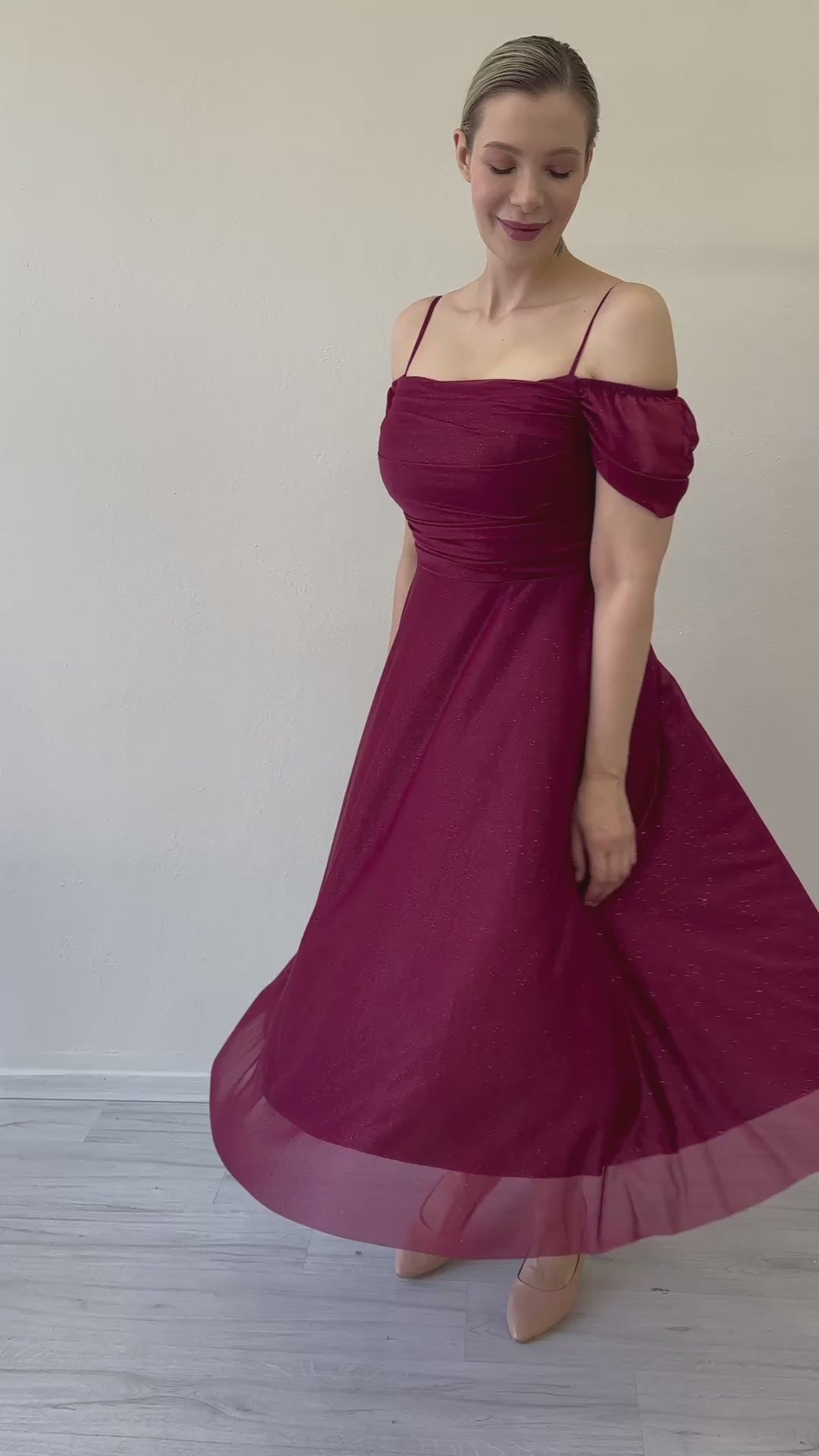 Women's Burgundy Midi Flared Strap Off-Shoulder Evening Gown