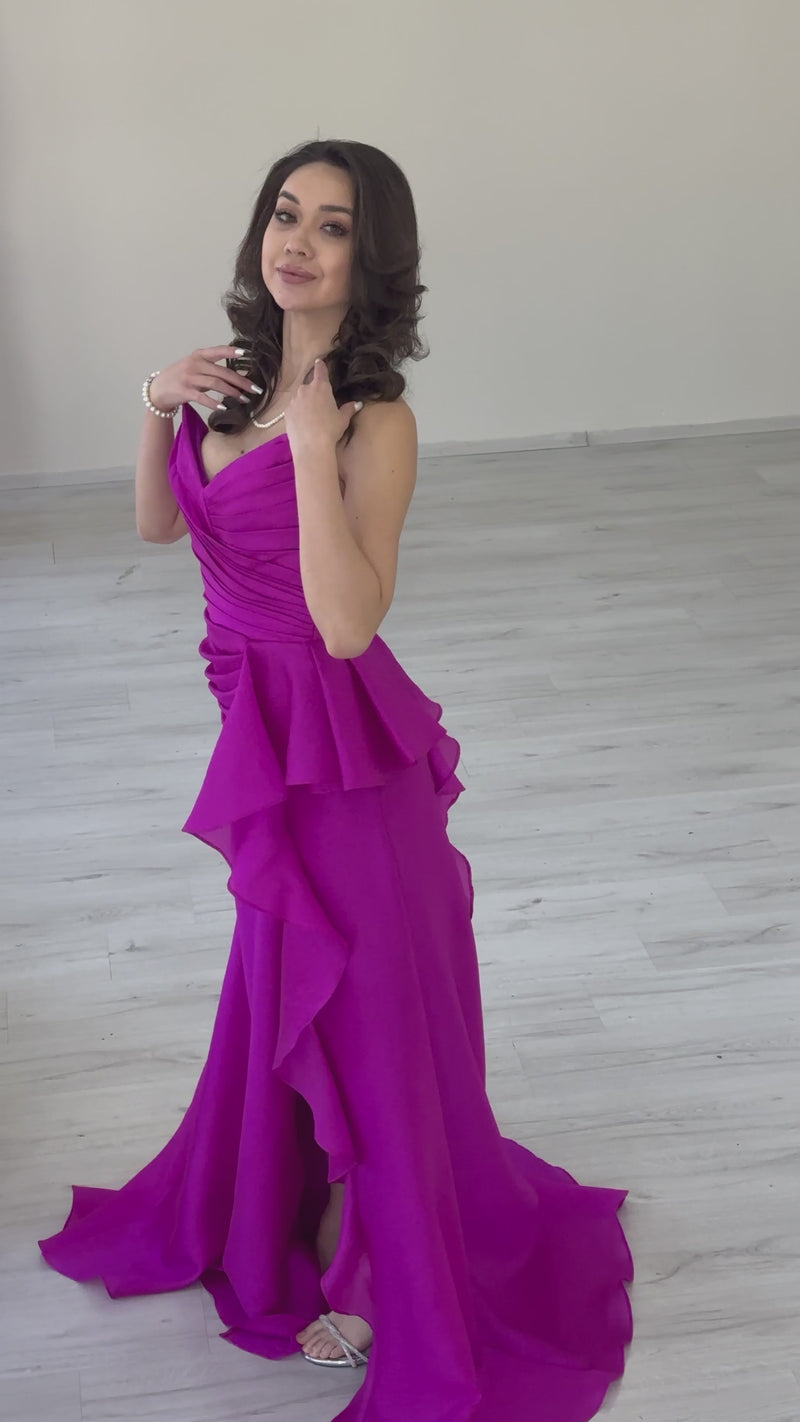 Fuchsia Strapless Slit Evening Dress