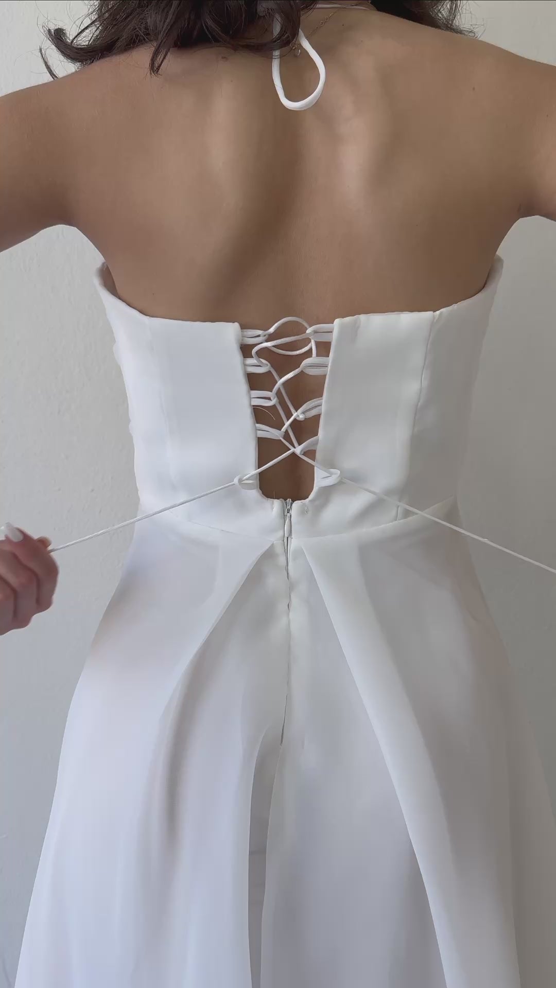 Women's White Drapedd Halter Tie Bow Sleeve Detail Organze Evening Gown