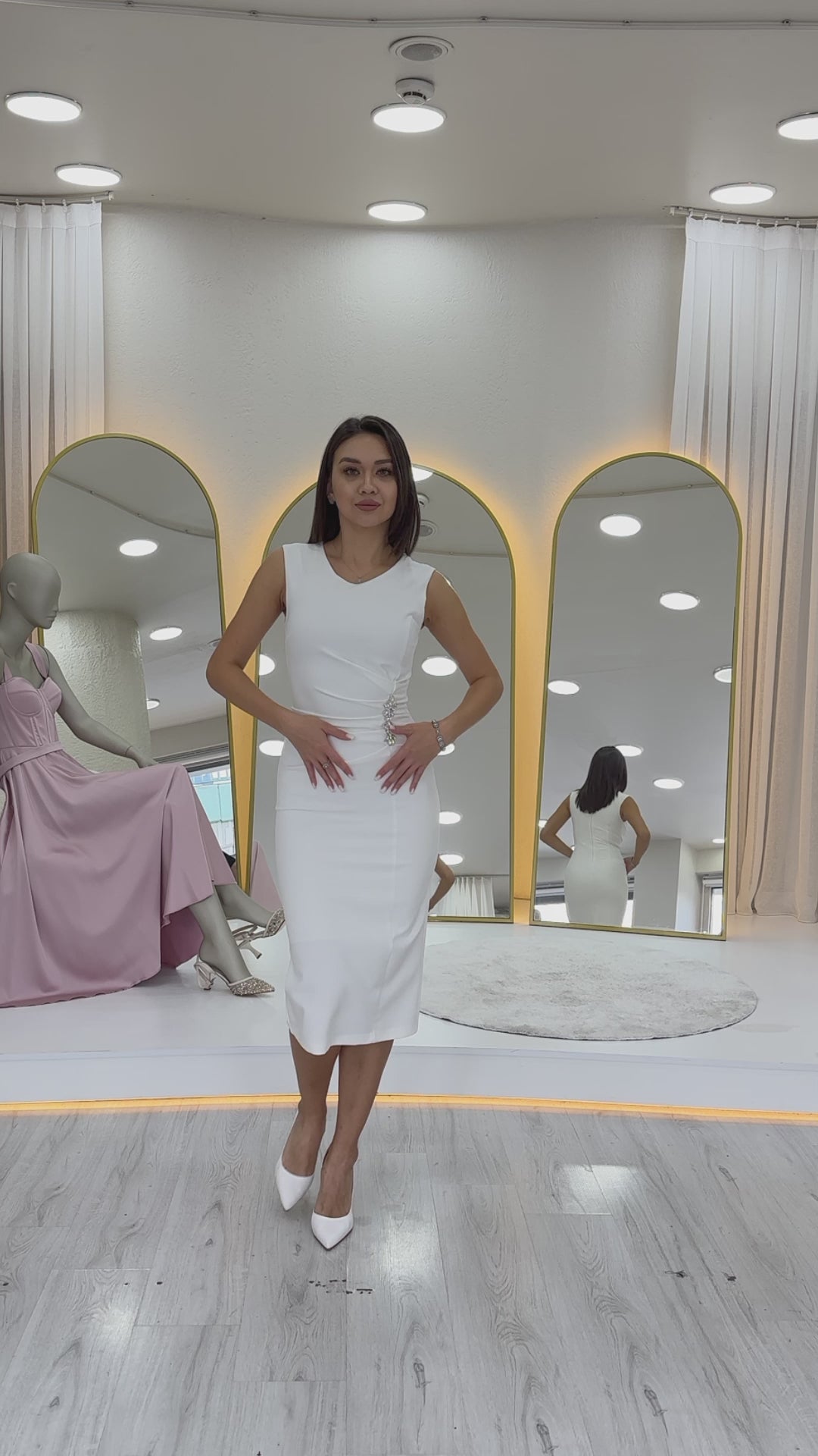 Women's White Drapedd Broş Detaillı Midi Plus Size Pencil Dress