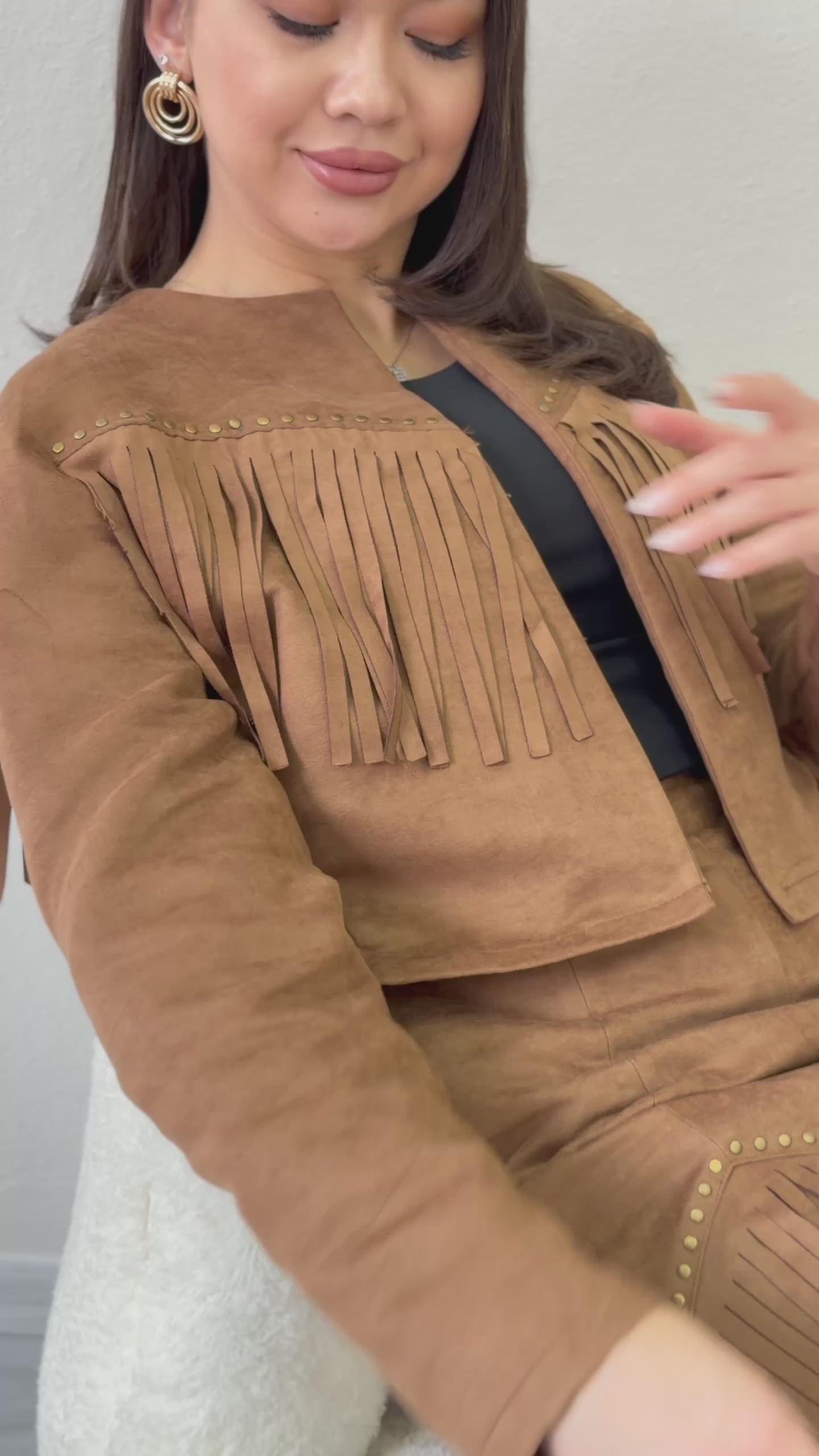 Women's Tan Fringed Jacket Skirt İkili Suede Set