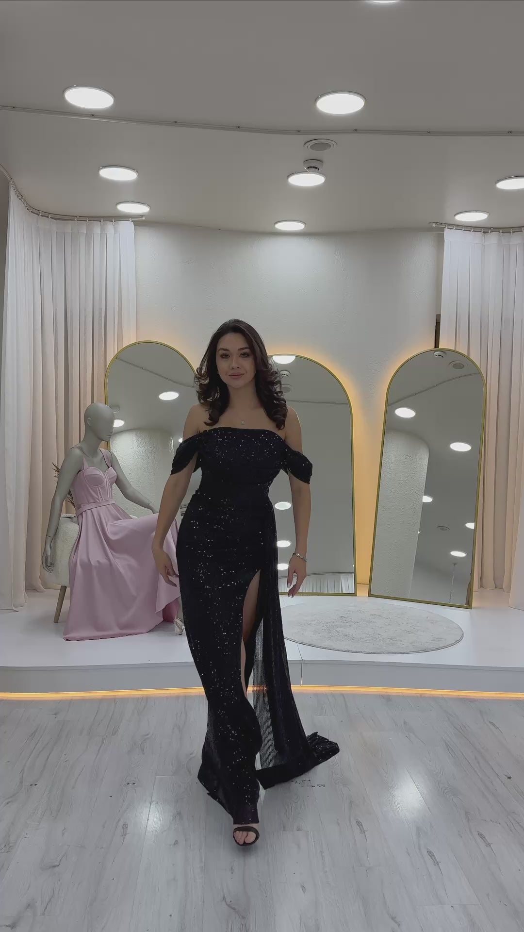 Women's Off-Shoulder Black Sequin Slit Evening Gown