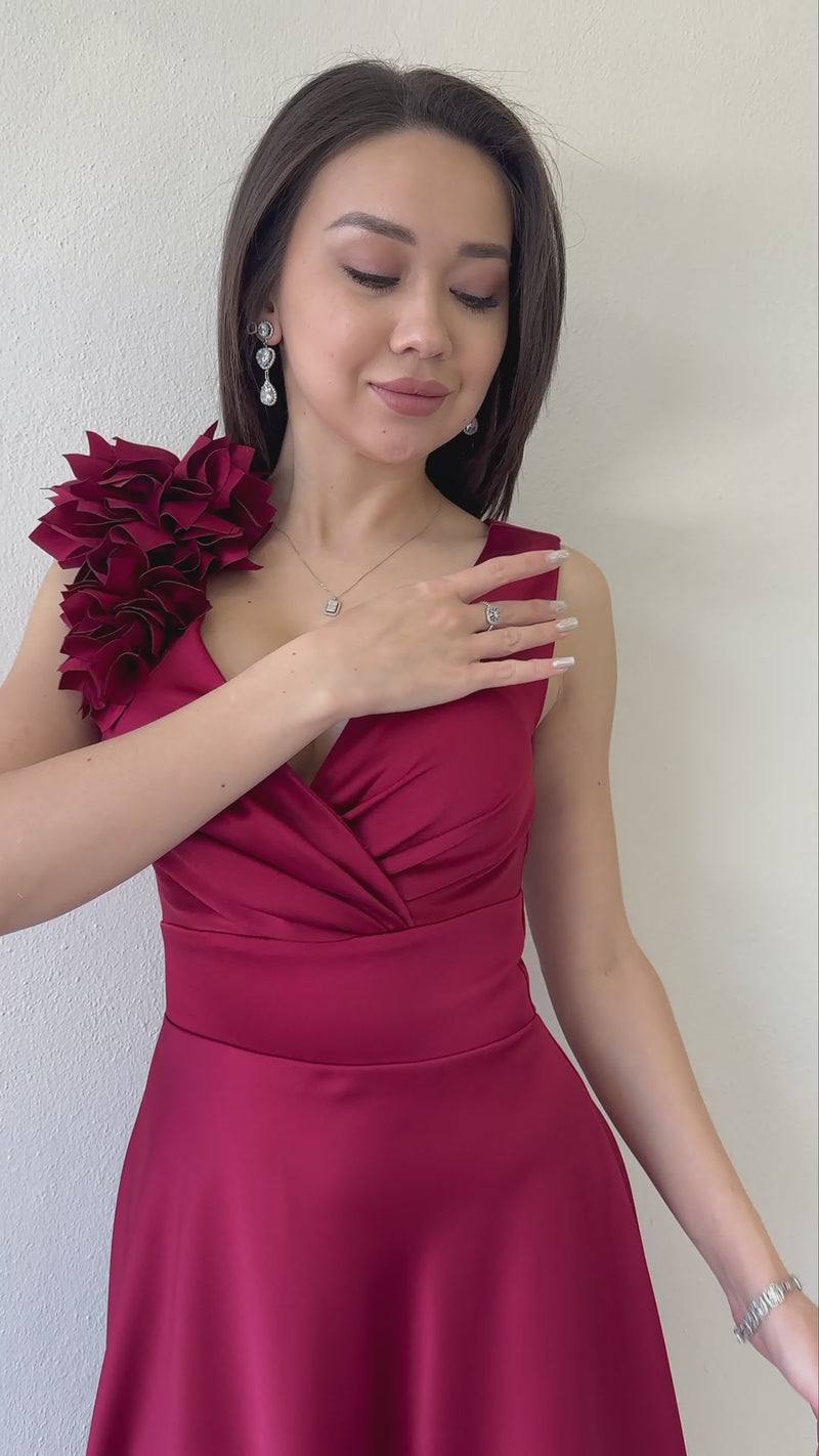 Women's Burgundy Wrap Neck Omuz Çiçek Detaillı Satin Evening Gown