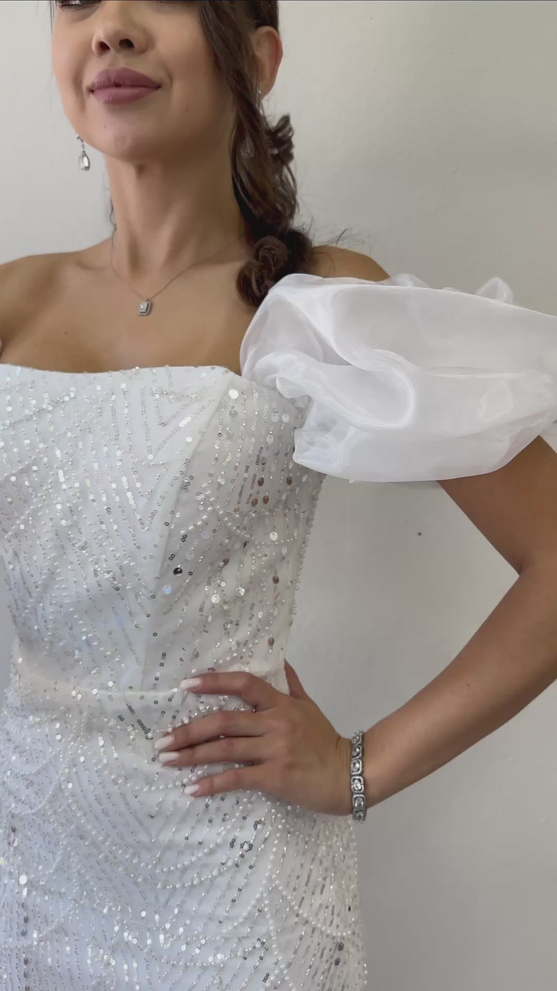 Women's White Balloon Sleeve Sequin Embellished Strapless Evening Gown