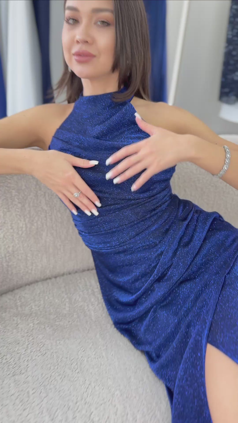 Women's Navy Blue Halter Neck Glitter Drapedd Slit Evening Gown