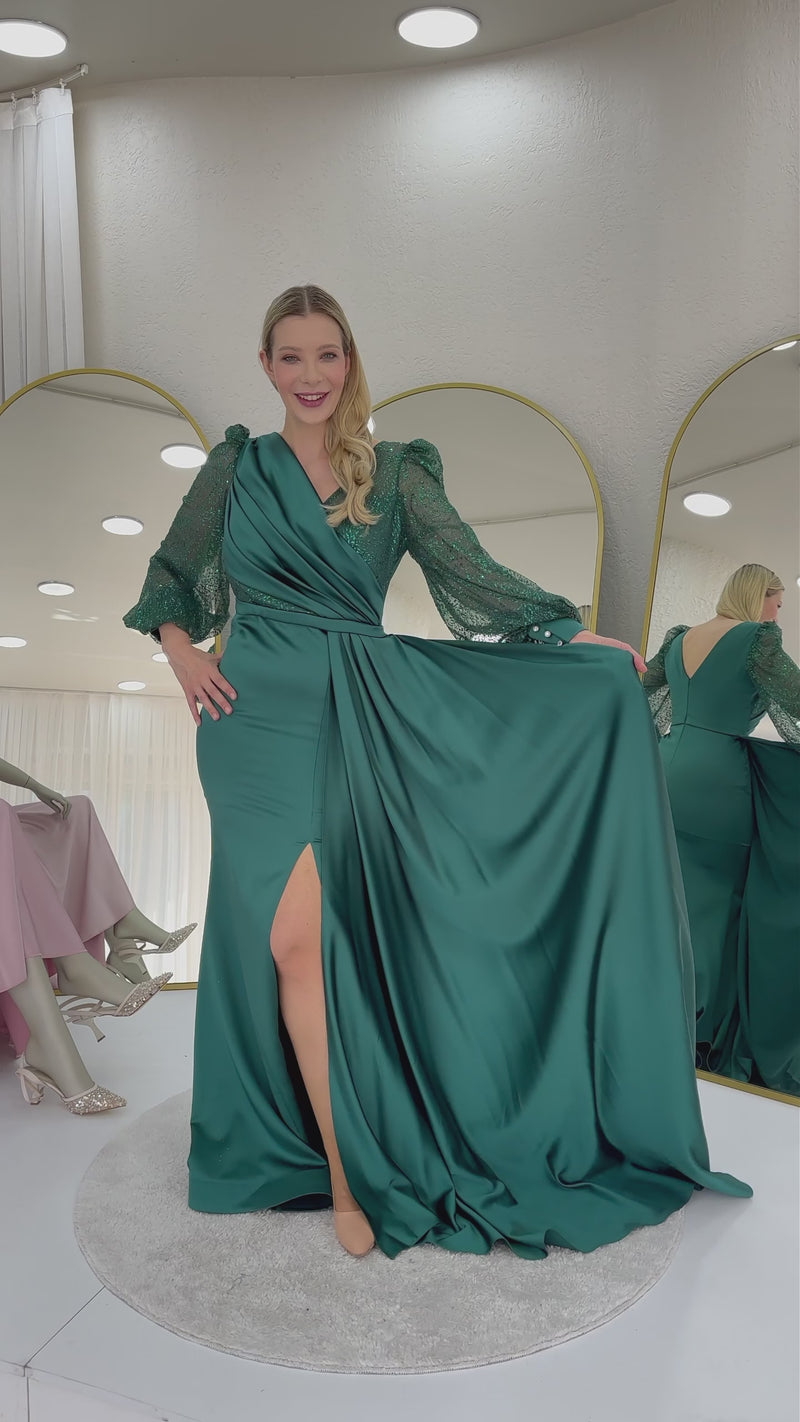 Wrap Neck Emerald Green Drapedd Glitter Sleeve Satin Evening Dress