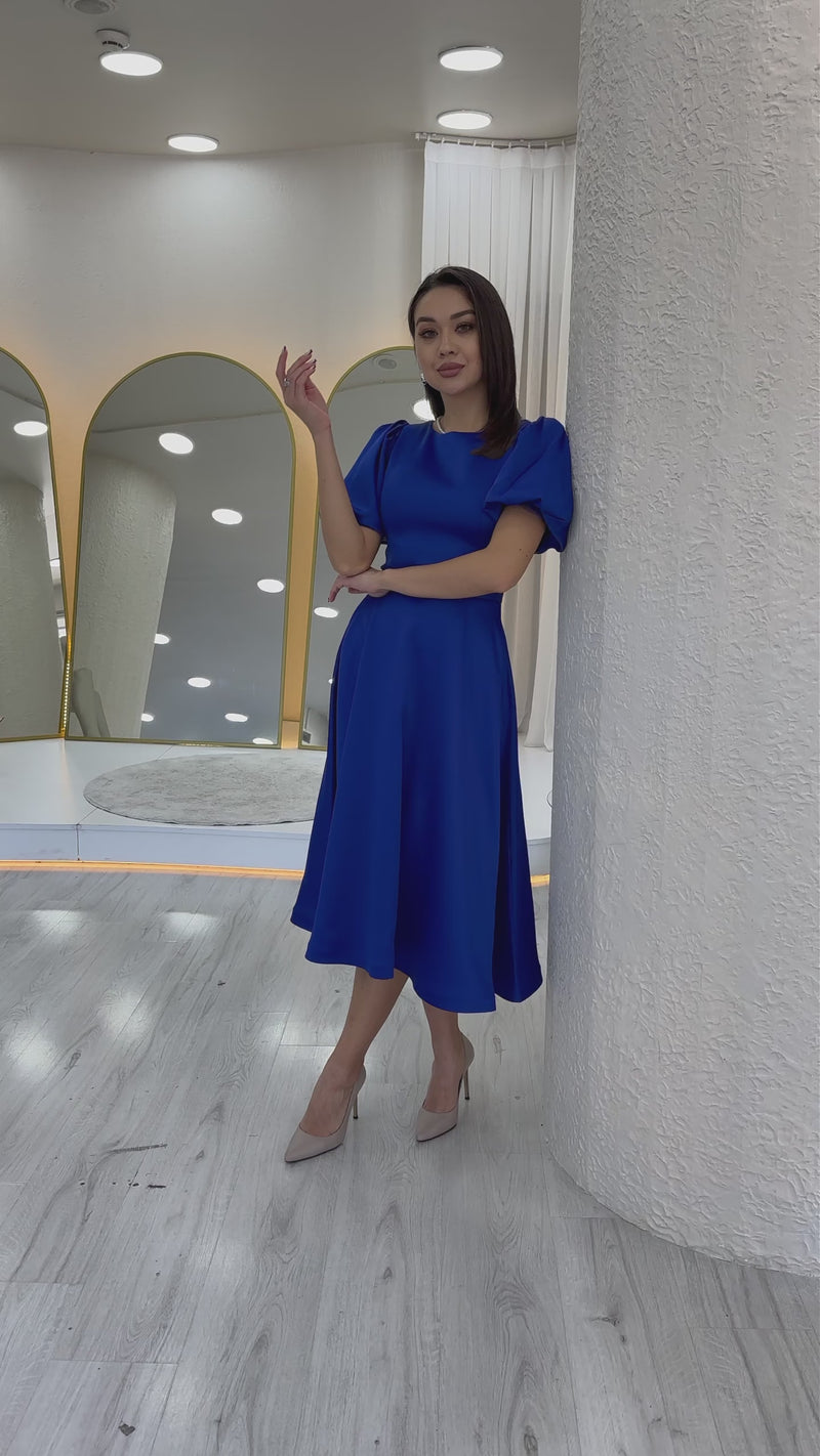 Women's Saxe Balloon Sleeve Taş Belted Midi Satin Evening Gown