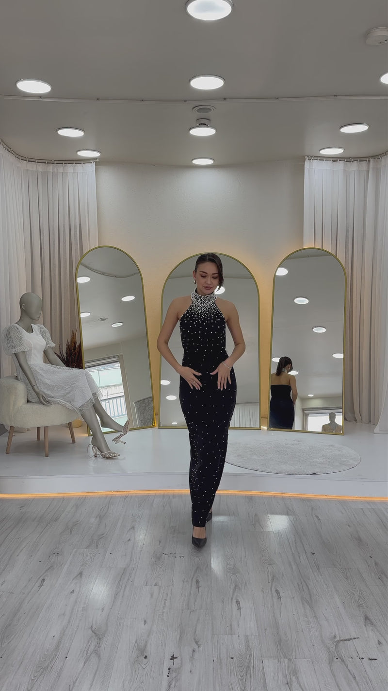 Women's Black Pearl Halter Neck Evening Gown