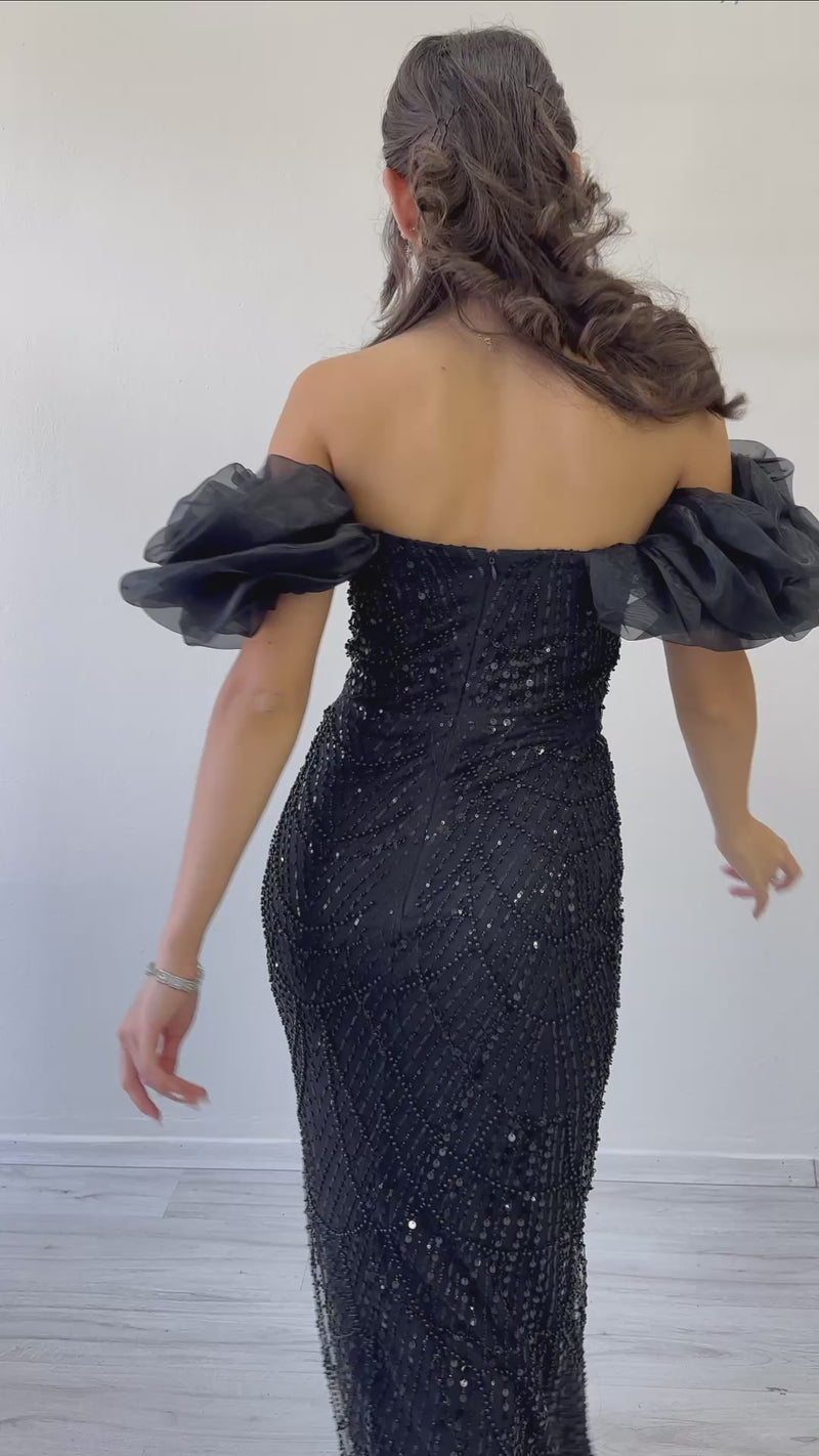 Women's Black Balloon Sleeve Sequin Embellished Strapless Evening Gown