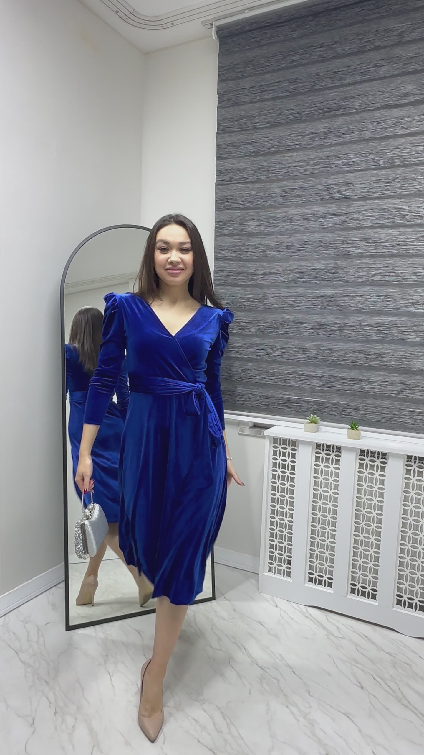 Saxe Blue Midi Length Velvet Dress