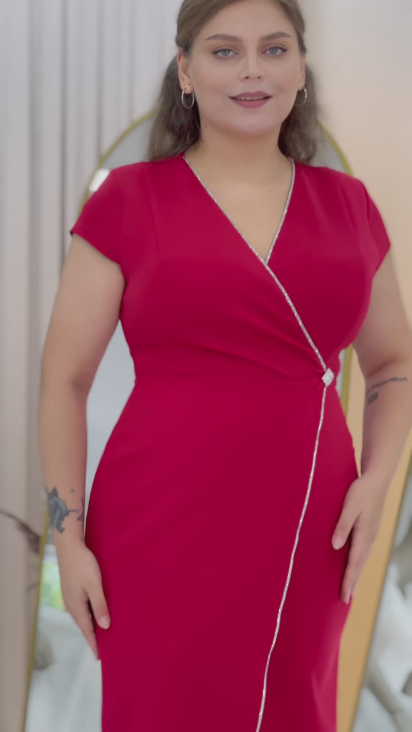 Women's Red Wrap Neck Midi Plus Size Dress