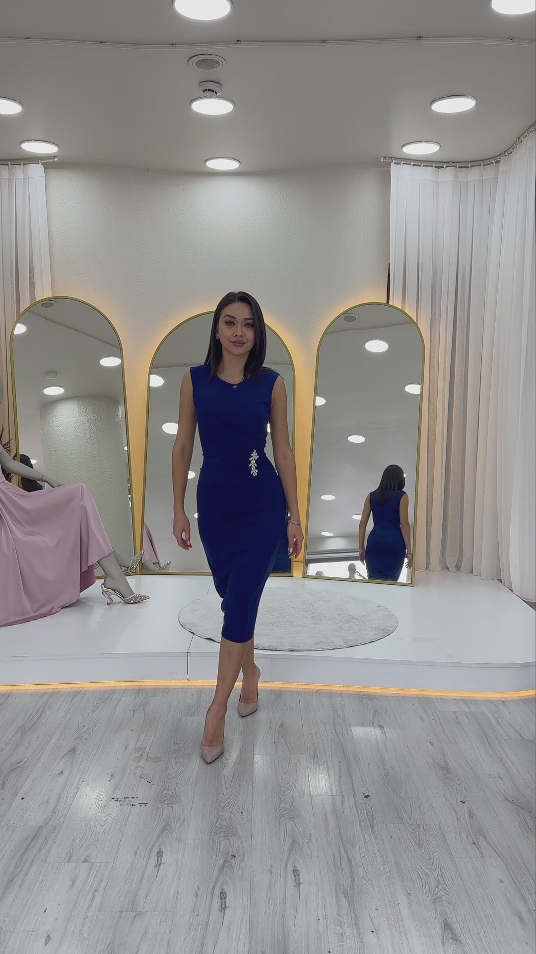 Women's Navy Blue Drapedd Broş Detaillı Midi Plus Size Pencil Dress