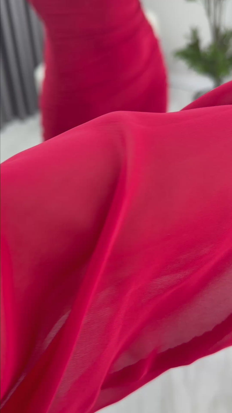 Red Square Neck Drapedd Dress