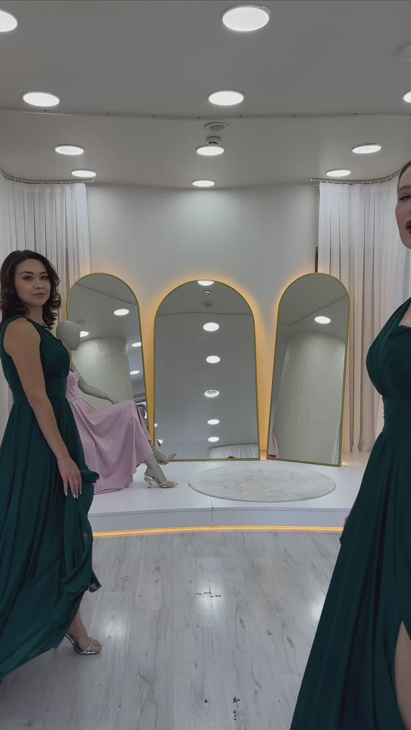 Women's Emerald Green Tek Omuz Pleated Flared Evening Gown