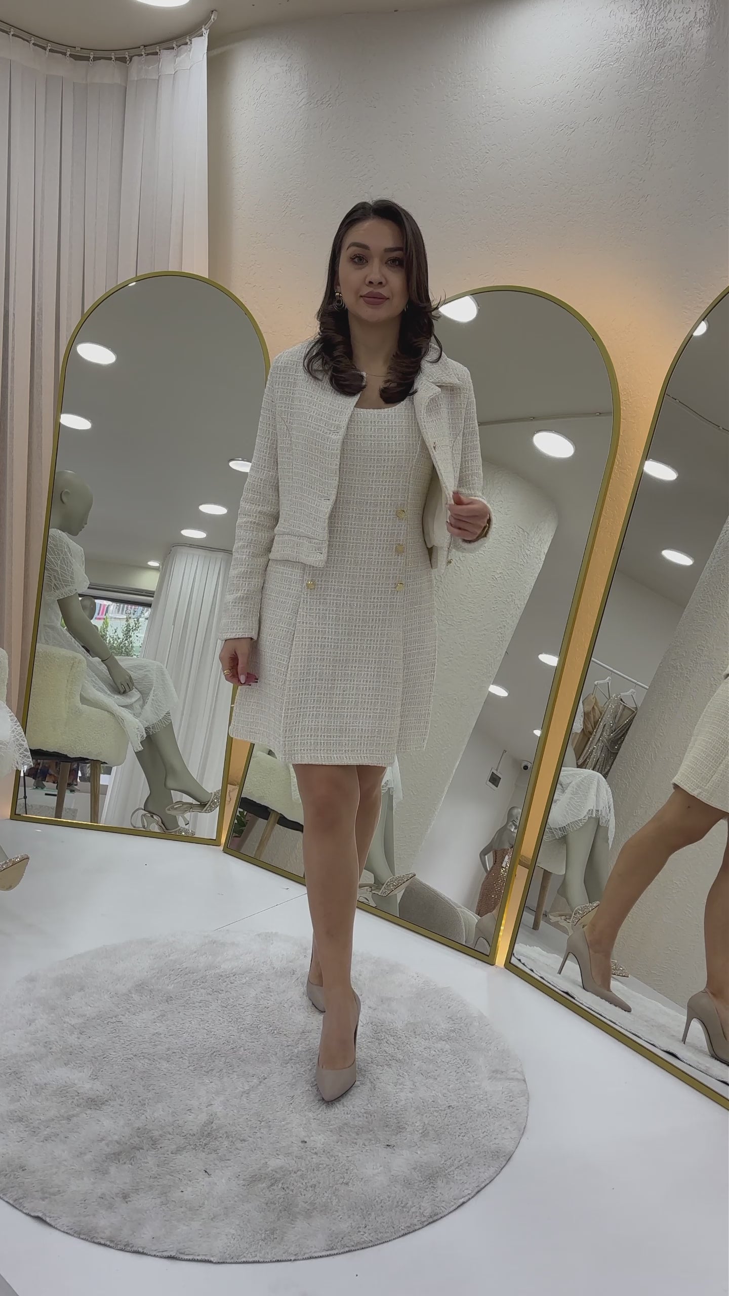 Women's Ecru Button Details Jacket Dress Tweed Two-Piece Set