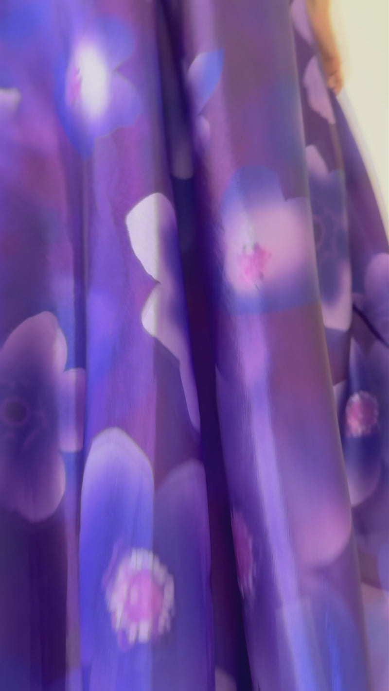 Women's Purple Floral Strap Sırt Dekolteli Long Evening Gown