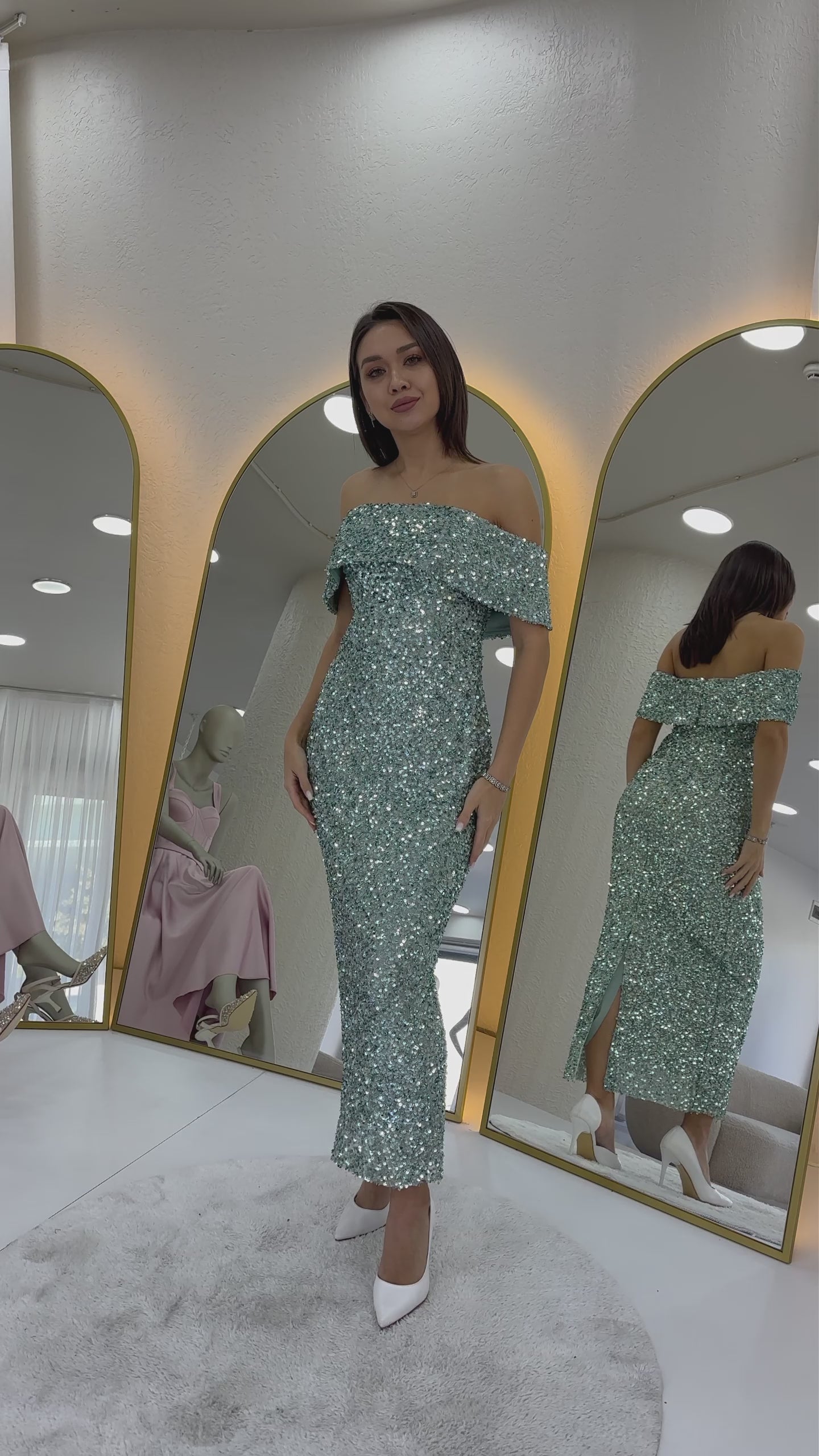 Women's Aqua Green Madonna Collar Sequin Embellished Pencil Midi Evening Gown