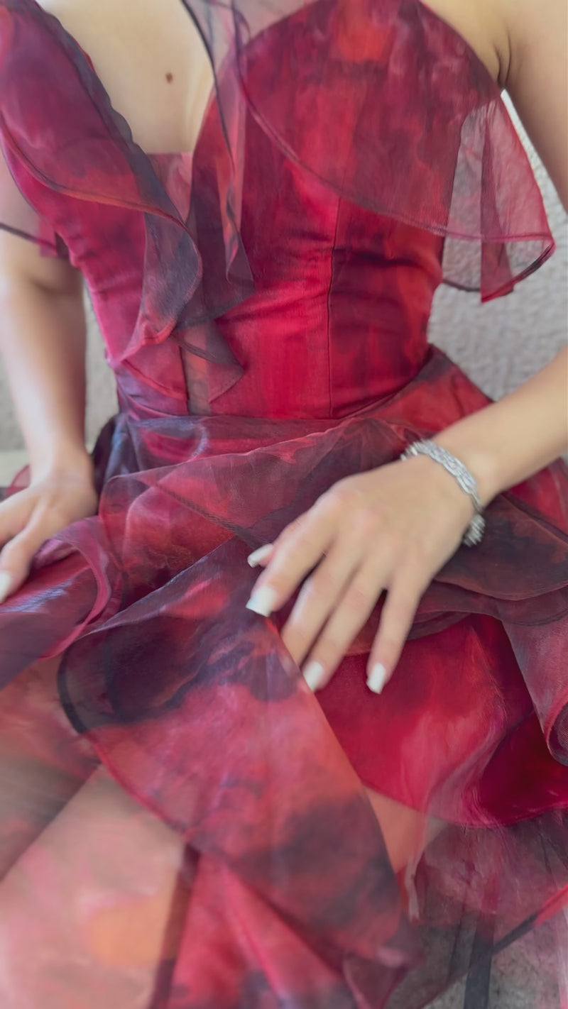 Red Strapless Asymmetrical Skirt Evening Dress