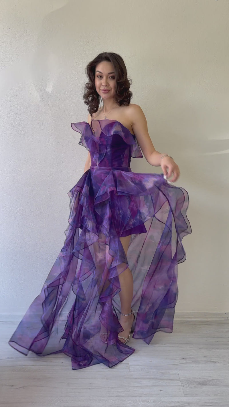 Purple Strapless Asymmetrical Skirt Evening Dress