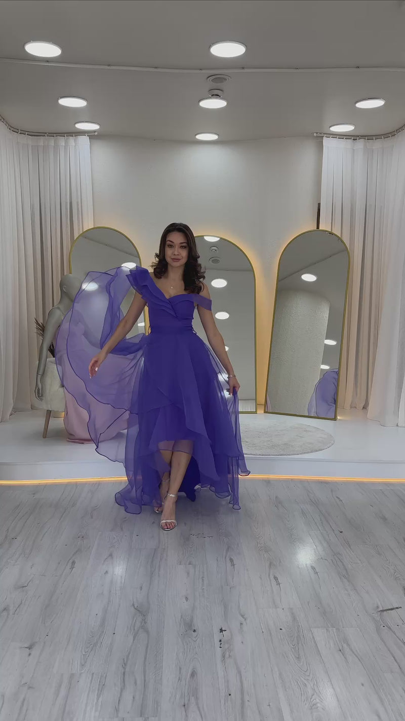 Women's Purple Off-Shoulder Asymmetric Skirt Tulle Evening Gown