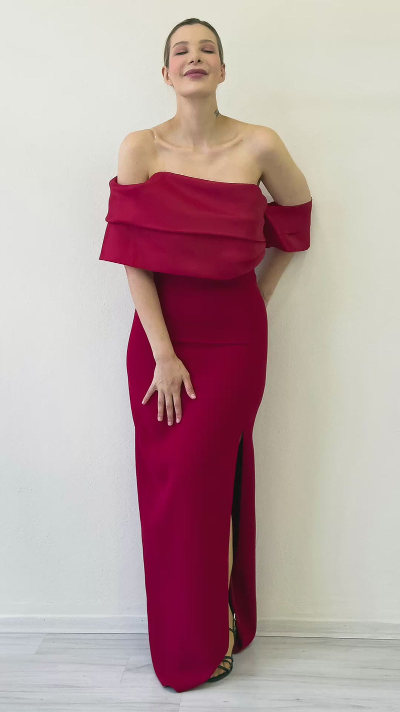 Women's Red Drapedd Collar Drop Shoulder Slit Long Evening Gown