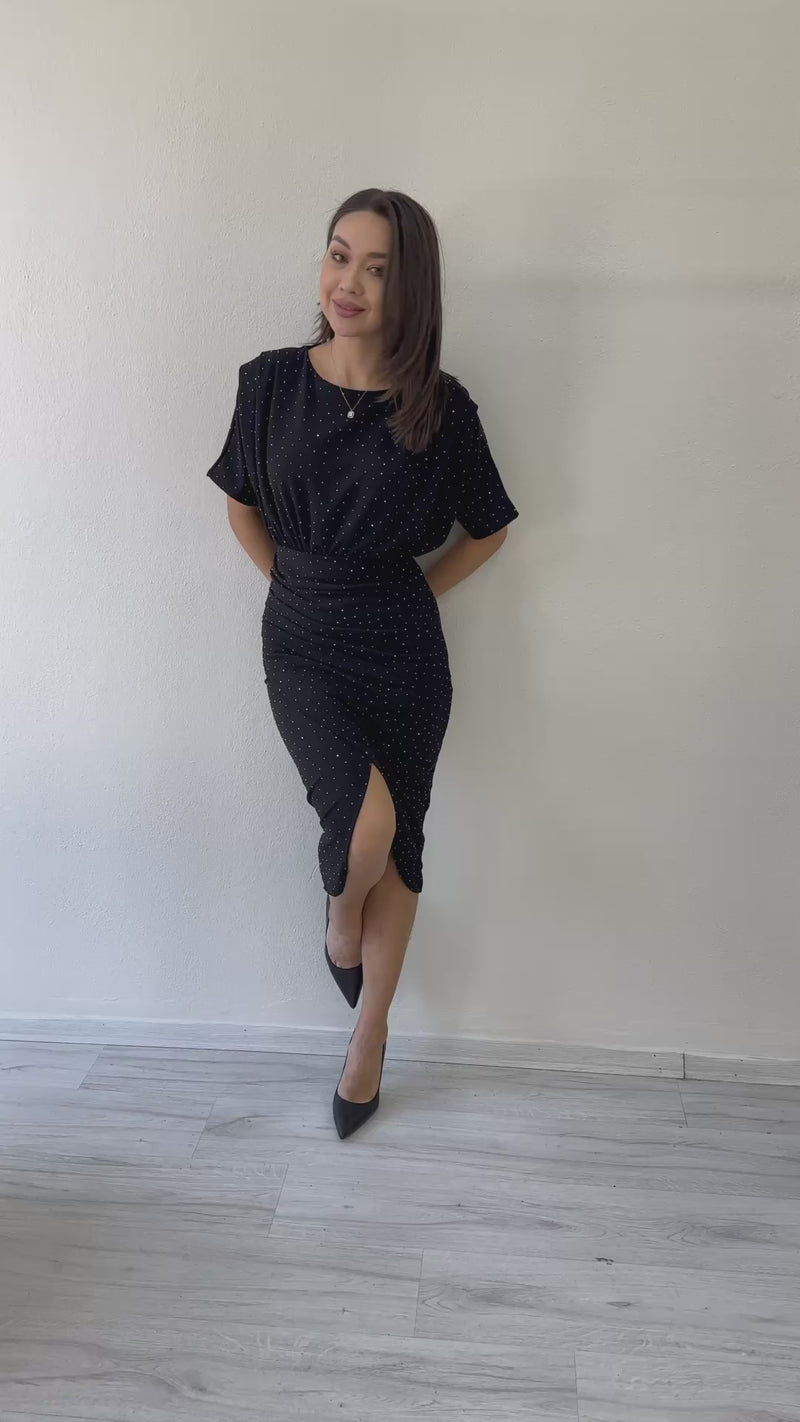 Women's Black Crystal Embellished Short Sleeve Anvelop Dress