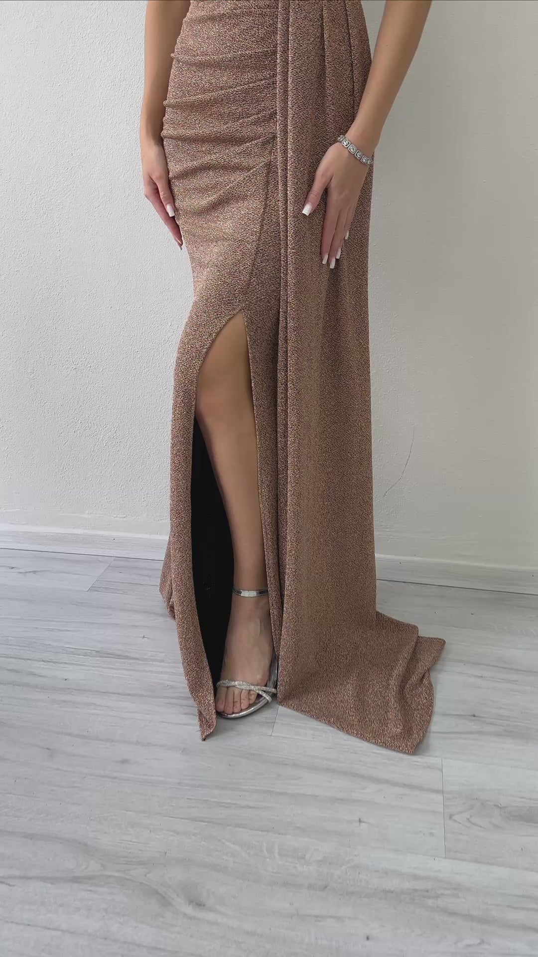 Women's Gold Glitter Strap Off-Shoulder Crystal Embellished Slit Evening Gown