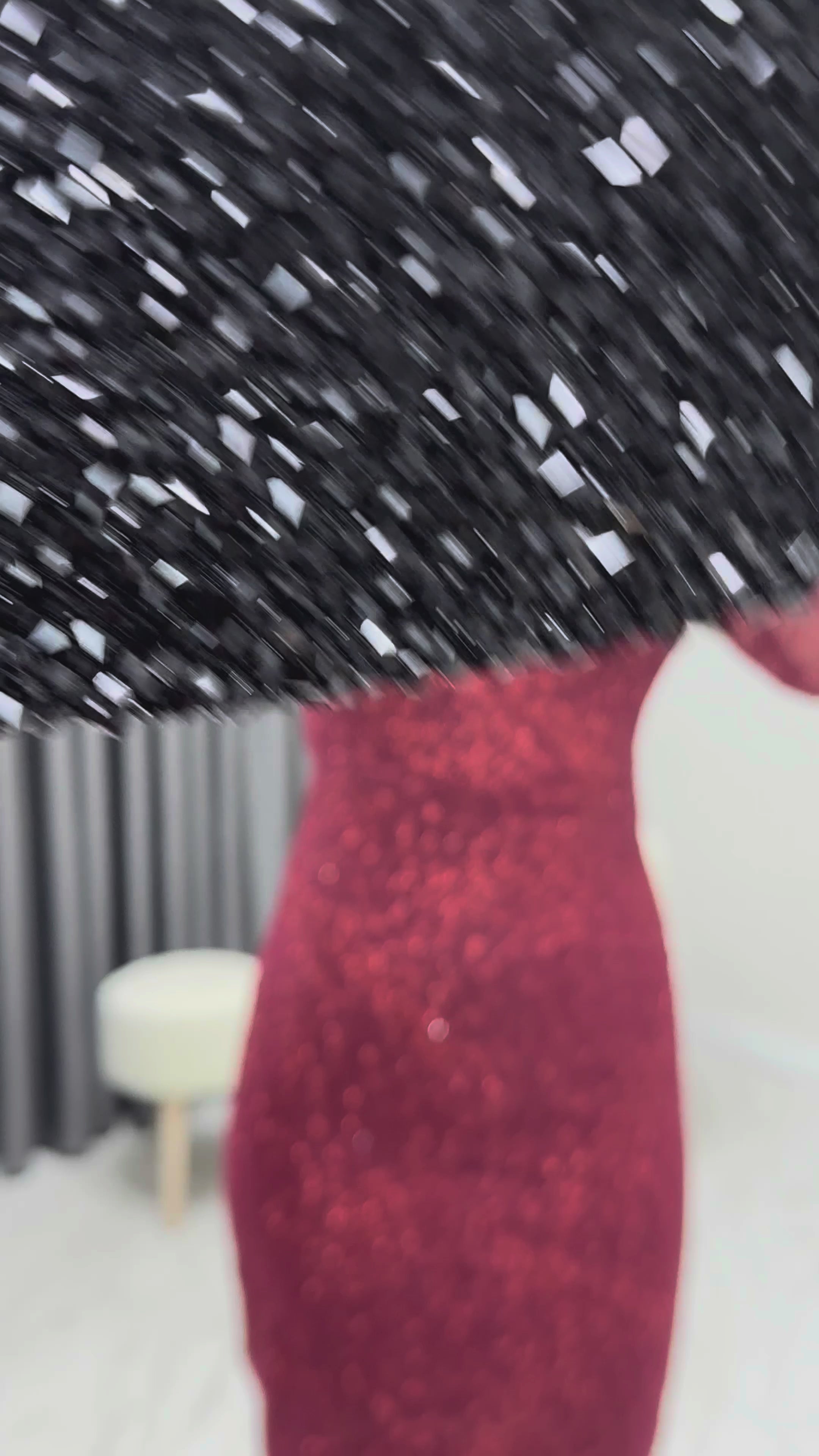 Burgundy Square Neck Glittery Midi-Lenght Evening Dress