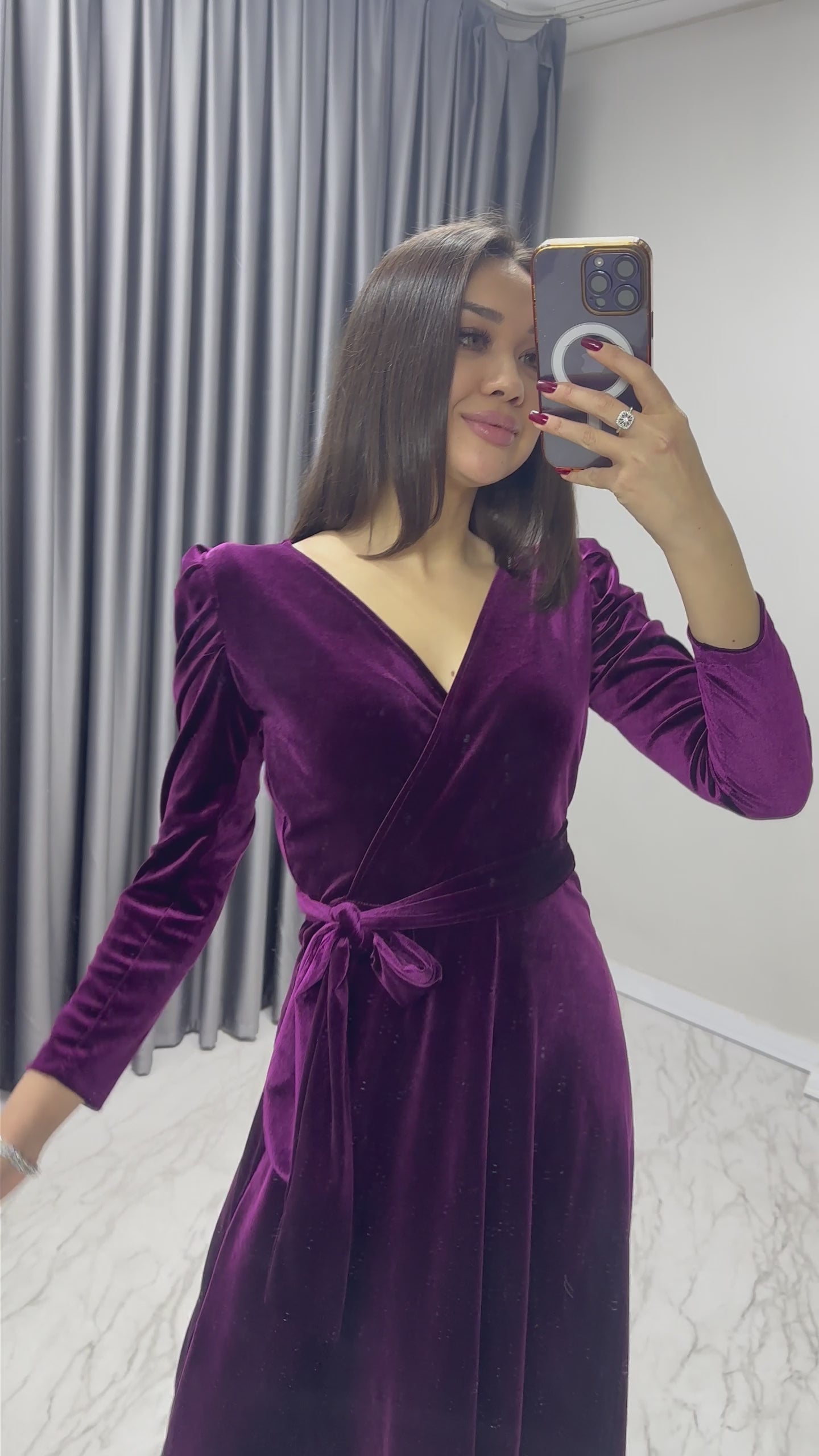 Plum Midi Length Velvet Dress