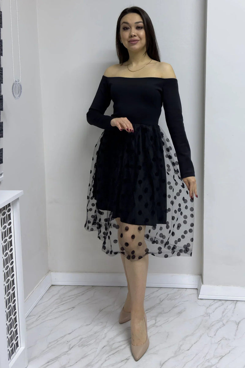 Women's Black Carmen Neck Puantiyeli Tütü Skirt Dress