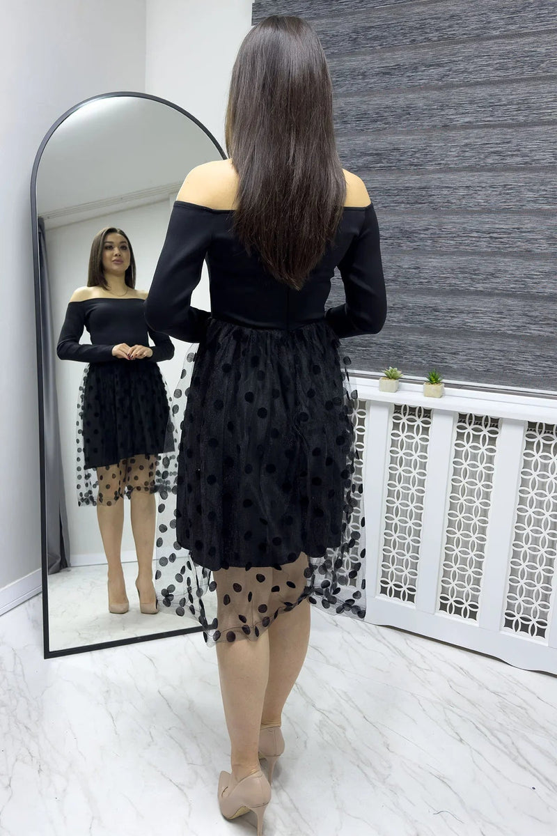 Women's Black Carmen Neck Puantiyeli Tütü Skirt Dress